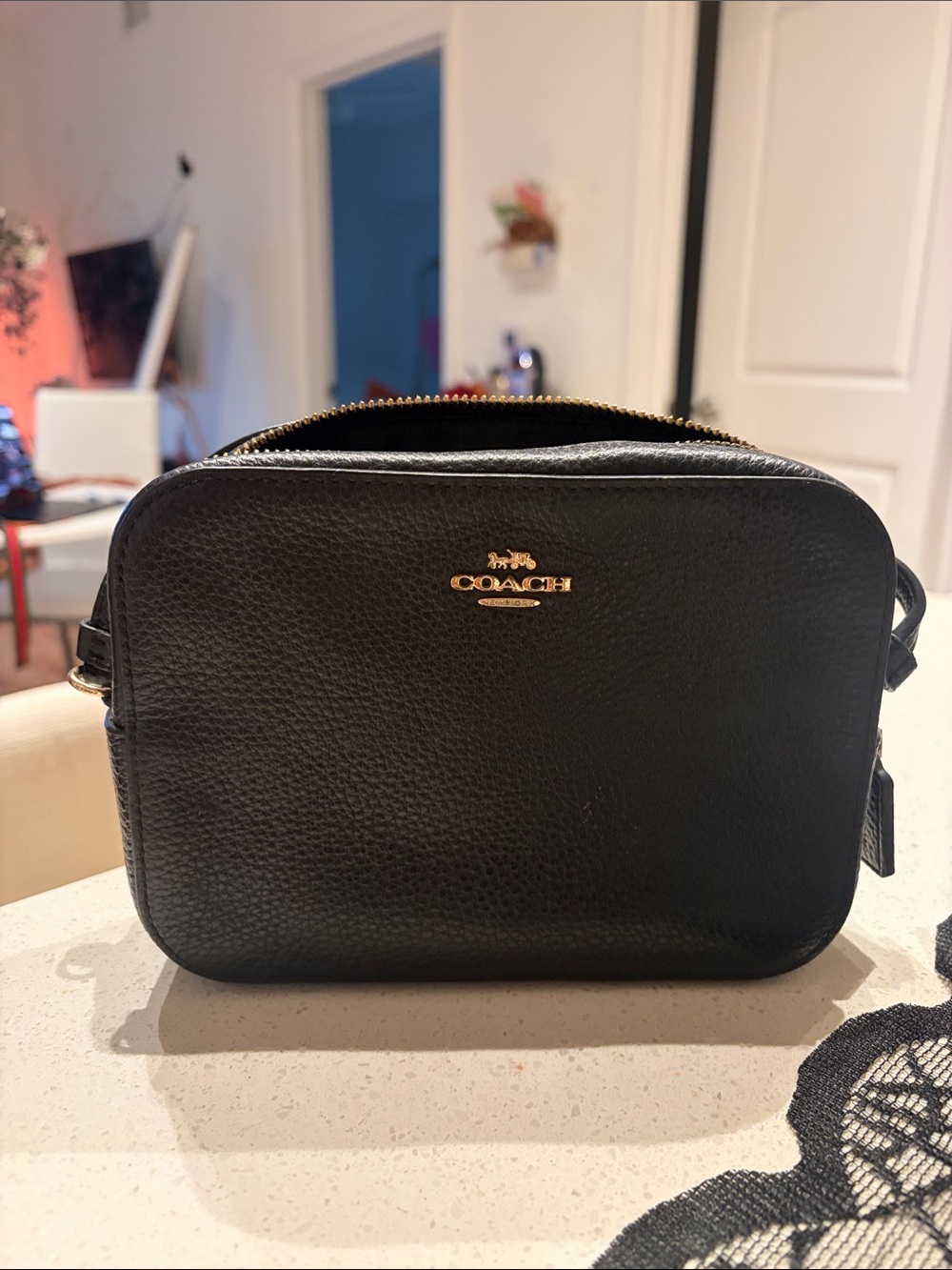 Coach Black Pebbled Leather Camera Bag with Gold Logo